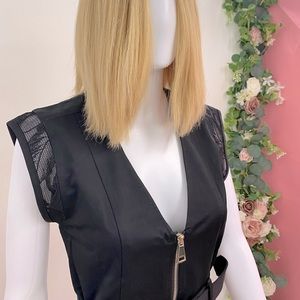 BEBE Black Lace Inset Swing Belted Sleeveless Trench Coat Vest